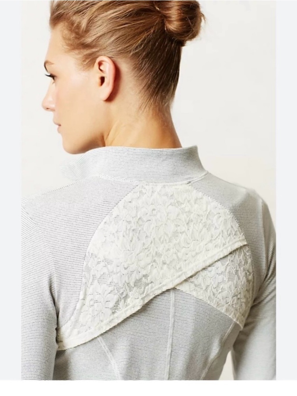 Anthropologie Pure + Good Gray and white striped Lace-Trim Long Sleeve jacket - Picture 3 of 4